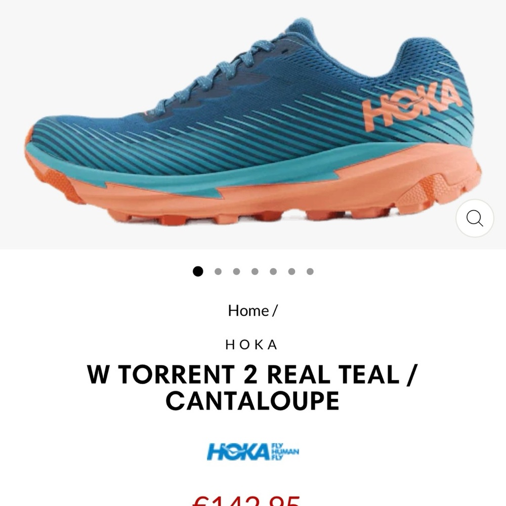 Hoka Blue Green and tangerine trail runners .